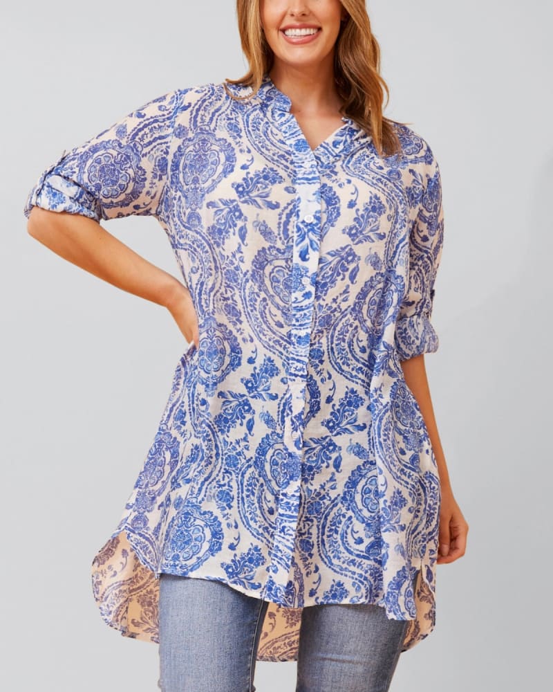 Front of a model wearing a size 2X Cezanne Tunic Shirt Dress Semi-Sheer Paisley Print in Blue by ANNICK. | dia_product_style_image_id:349700